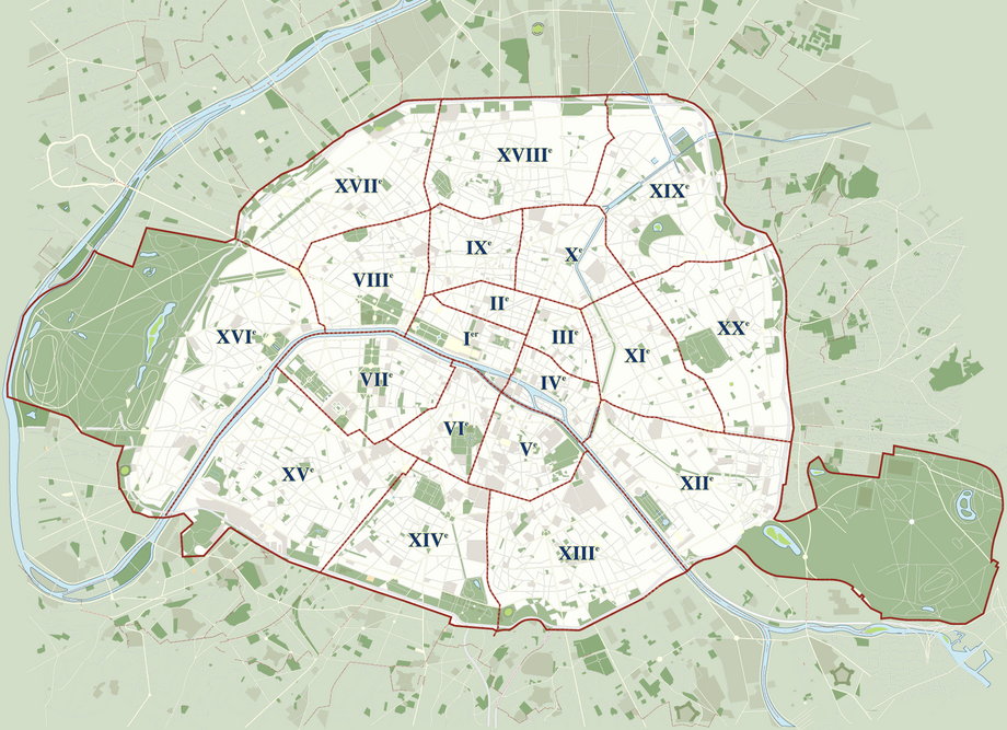 Mapa Paryża z podziałem na 20 dzielnic