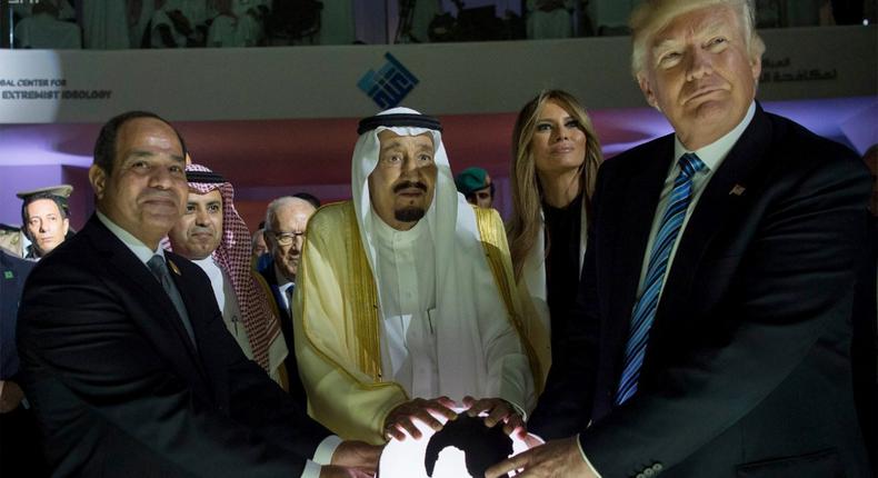 Egyptian President Abdel Fattah al-Sissi, Saudi King Salman, U.S. First Lady Melania Trump and President Donald Trump, visit a new Global Center for Combating Extremist Ideology, in Riyadh, Saudi Arabia.