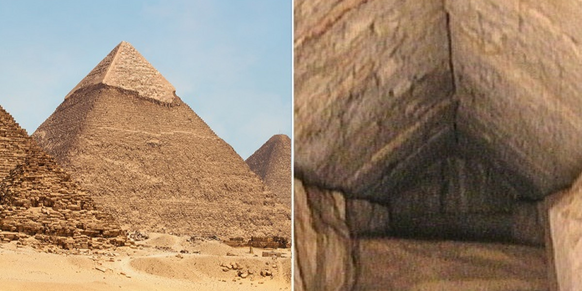 Badacze z projektu Scan Pyramids odkryli ukryty korytarz (po prawej) wewnątrz Wielkiej Piramidy w Gizie (po lewej) i nanieśli na mapę jego szczegóły.