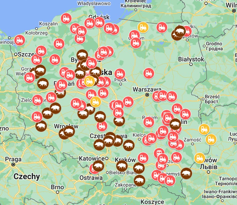 Mapa protestów rolników 20 lutego 2024 roku