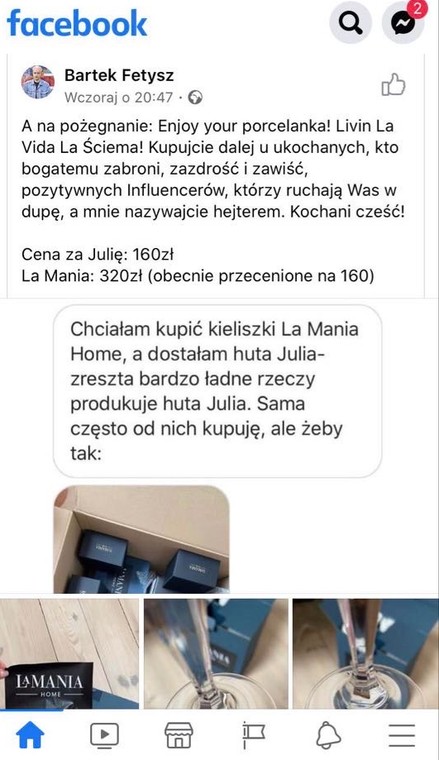 Kieliszki marki La Mania, post Bartka Fetysza