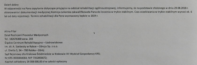 6 lat oczekiwania na rehabilitację!