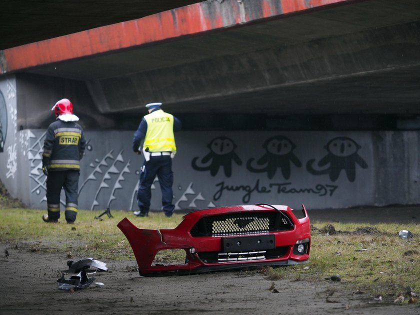 Wypadek w Łodzi. Mustang spadł z wiaduktu. W środku ojciec z dzieckiem