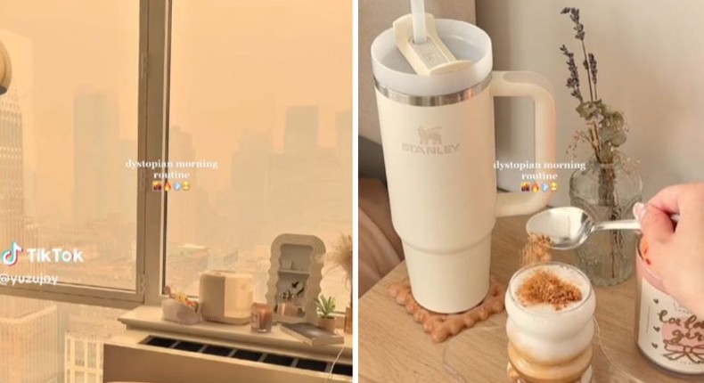 The orange NYC skies blend into the warm aesthetic of a TikToker's 'dystopian morning routine' video.@yuzujoy/TikTok