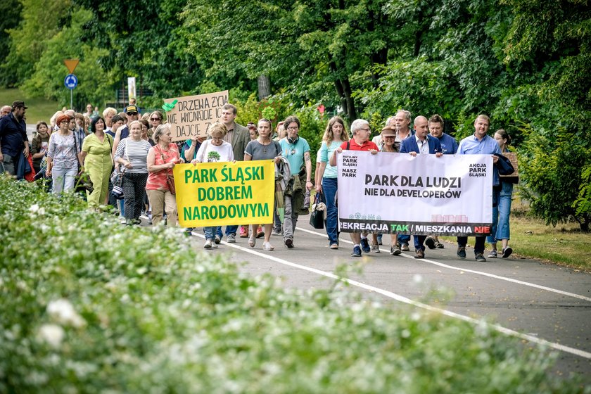 Protest mieszkancow przeciwko wycince drzew w Parku Slaskim