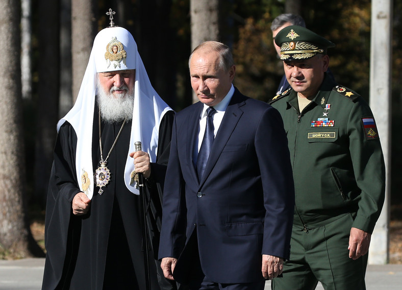 Prezydent Rosji Władimir Putin, minister obrony Siergiej Szojgu i patriarcha Cyryl I, Rosja, 19 września 2018 r.. 
