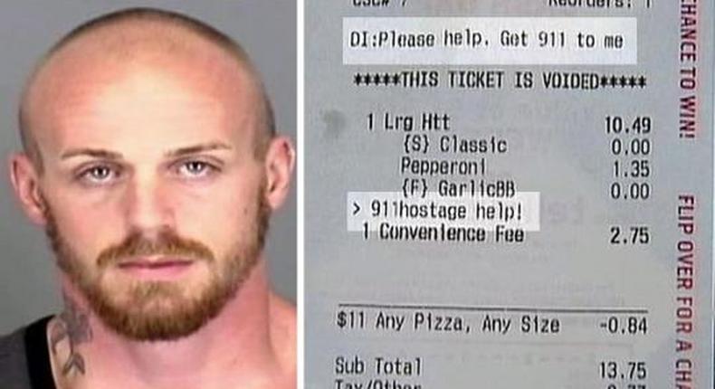 The man who took the woman hostage and the Pizzahut receipt showing the woman's cry for help