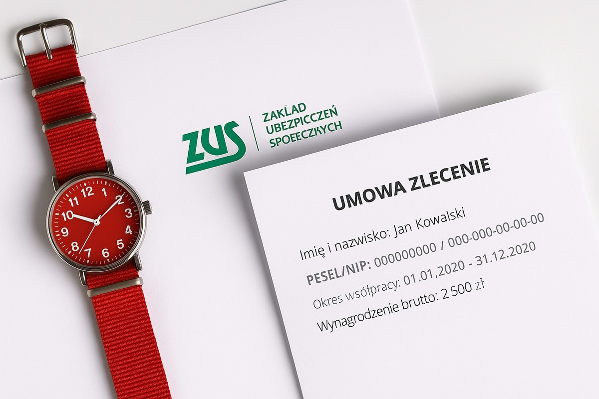 Zegarek leżący obok umowy zlecenie i na kartce z adresem ZUS