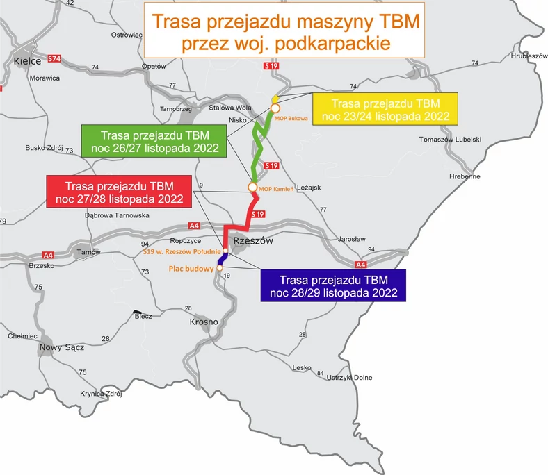 Mapa trasy przejazdu TBM na Podkarpacie