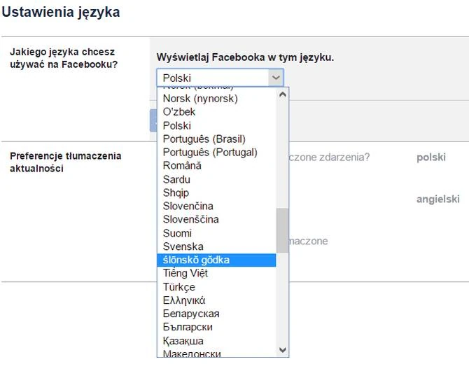 Zmiana języka w Facebooku na ślonsko godke