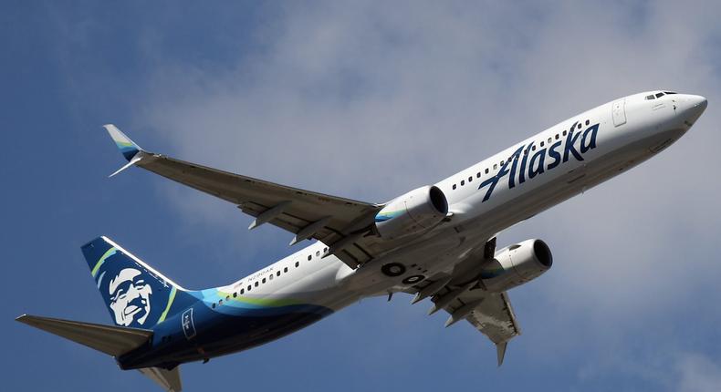 An Alaska Airlines plane taking off at JFK.