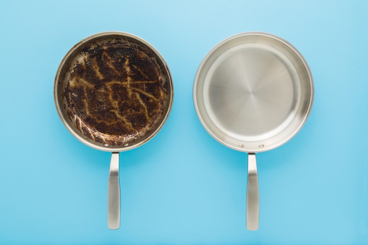 patelnia przypalona czysta Dirty,Oily,And,Clean,Stainless,Frying,Pans,On,Light,Blue