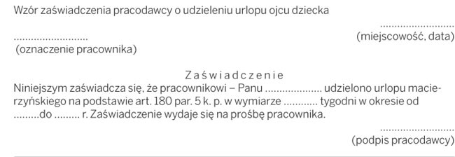 Wzór zaświadczenia pracodawcy o udzieleniu urlopu ojcu dziecka