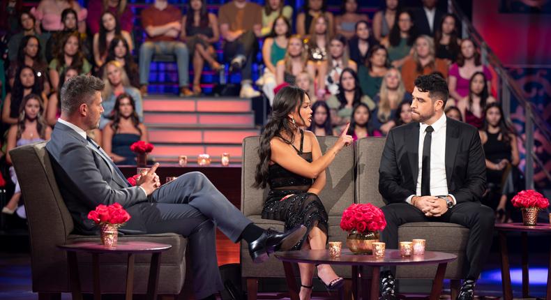 Bachelorette Jenn Tran gives her ex-fianc Devin Strader a piece of her mind during the live Bachelorette finale.John Fleenor/Disney