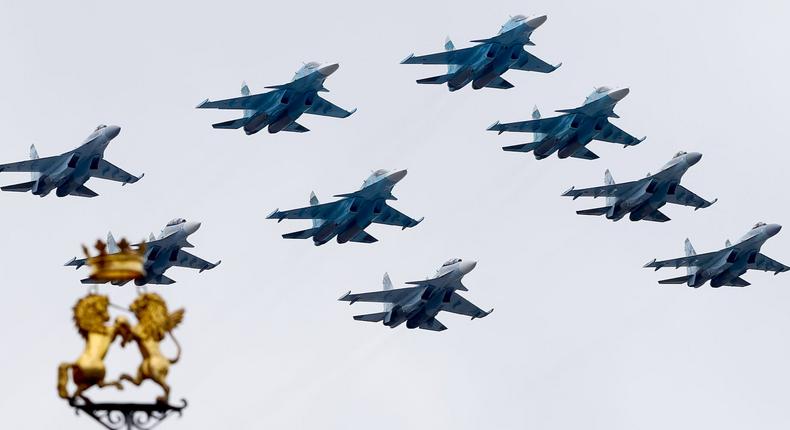Russian Su-34, Su-30SM, and Su-35S jets over Red Square during the Victory Day parade on May 9, 2021.Sefa Karacan/Anadolu Agency via Getty Images