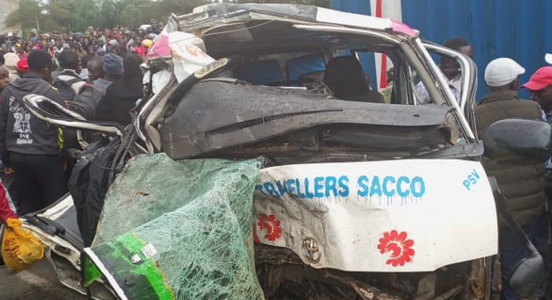 The accident scene at the Nakuru-Eldoret Highway involving two PSVs and a truck