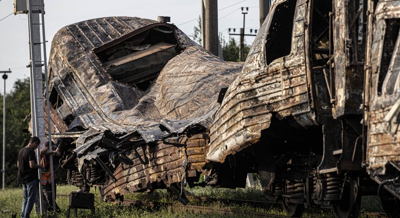 A view of the Ukrainian railway station damaged by a Russian missile strike in Chaplyne, Dnipropetrovsk Oblast, Ukraine on August 25, 2022. The attack killed at least 22 civilians, including children.