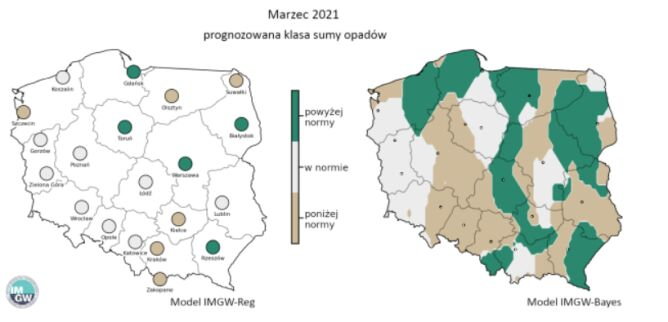 Prognozowana klasa miesięcznej sumy opadów w marcu 2021 r. 