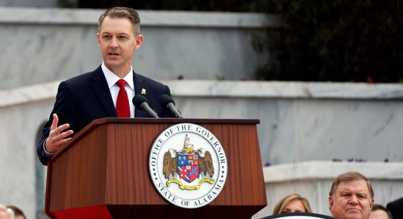 Alabama Secretary of State Wes Allen speaks during the inauguration ceremony on the steps of the Alabama State Capital Monday, Jan. 16, 2023 in Montgomery, Ala..AP Photo/Butch Dill