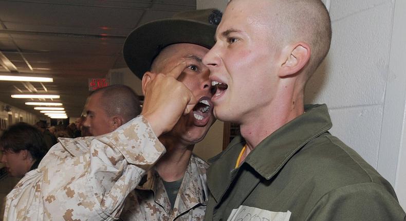 File Photo: A Marine drill instructor yells at a recruit.