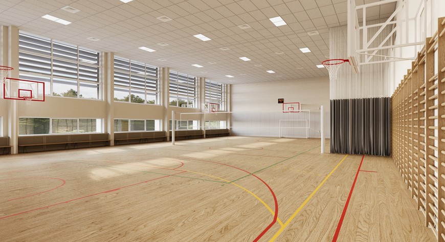 Tak ma wyglądać duża sala w szkole przy Orzechowej. W razie potrzeby będzie mogła być dzielona kotarą na dwie mniejsze