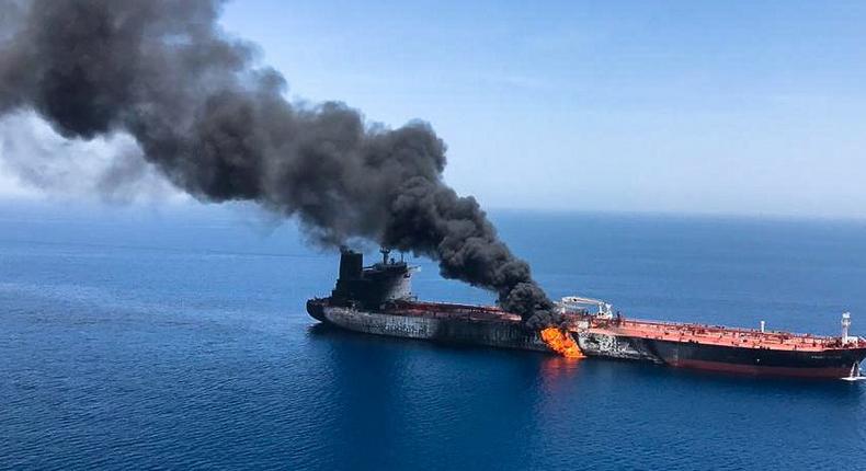 FILE PHOTO: An oil tanker is seen after it was attacked at the Gulf of Oman, in waters between Gulf Arab states and Iran, June 13, 2019. ISNA/Handout via REUTERS