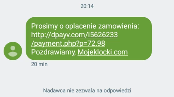 Fałszywa wiadomość SMS od MojeKlocki.com