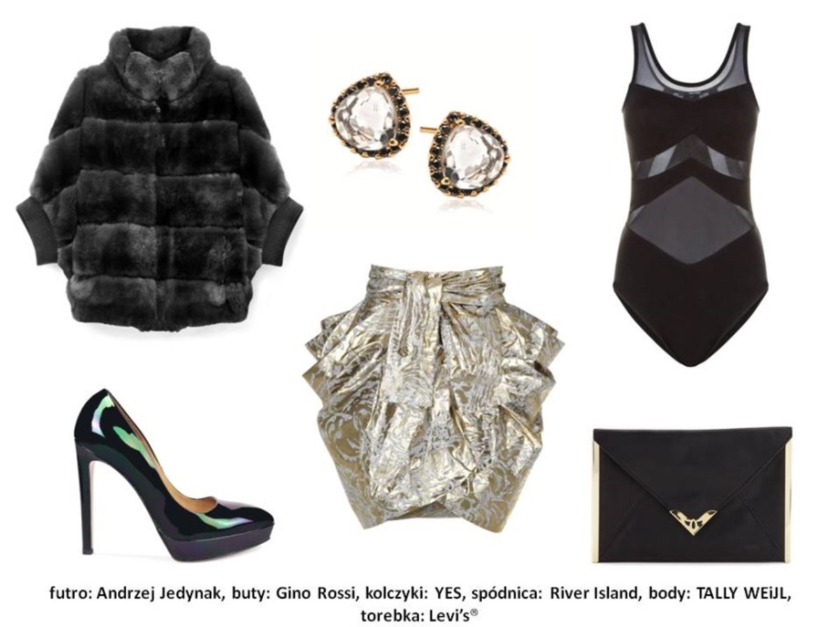 Futro Andrzej Jedynak: 2 800 pln torebka Levi’s®: wzór kolczyki YES: 349 pln spódnica River Island: 149 pln body TALLY WEiJL: 59,90 pln buty Gino Rossi: 499 pln
