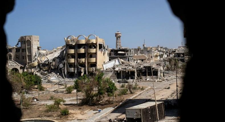 Destroyed buildings in the District 3 neighbourhood of Sirte on September 29, 2016