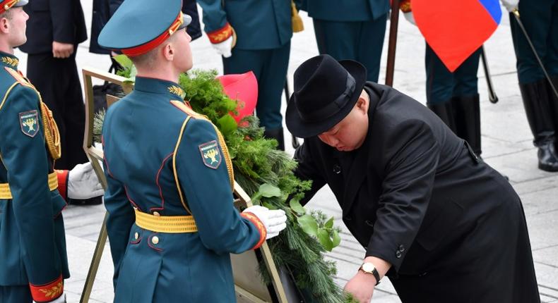 North Korean leader Kim Jong Un lays a wreath at a World War II memorial to Russia's Pacific Fleet