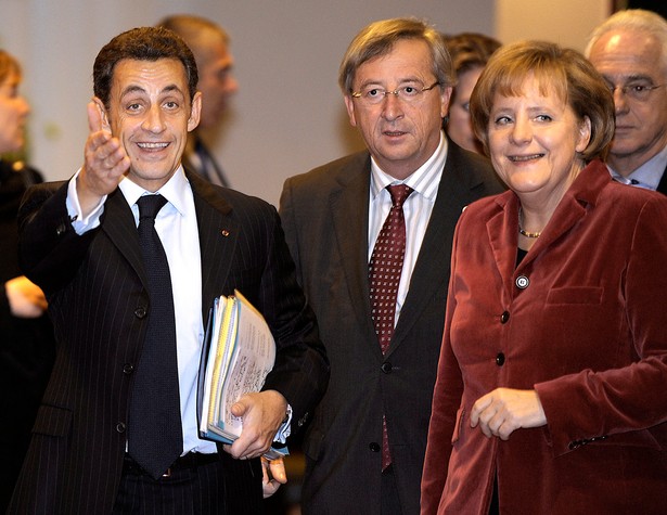 Prezydent Francji Nicolas Sarkozy, premier Luksemburga Jean-Claude Juncker i kanclerz Niemiec Angela Merkel