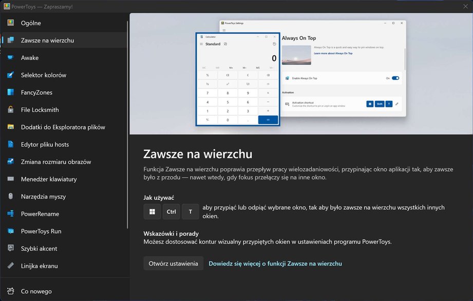 PowerToys – ustawianie programów na wierzchu