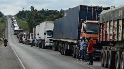 Trucks waiting clearance to enter Uganda from Malaba, at the border with Kenya. PHOTO | FILE 