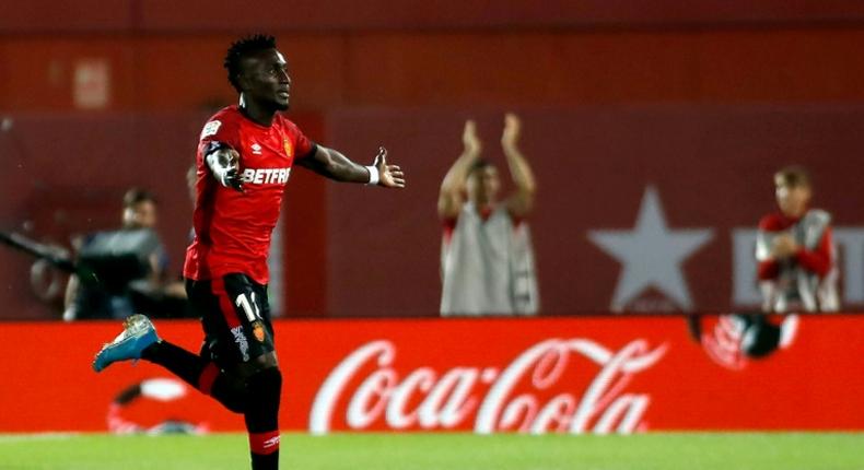 Ivorian midfielder Junior Lago celebrates scoring the La Liga winner for Real Mallorca against Real Madrid