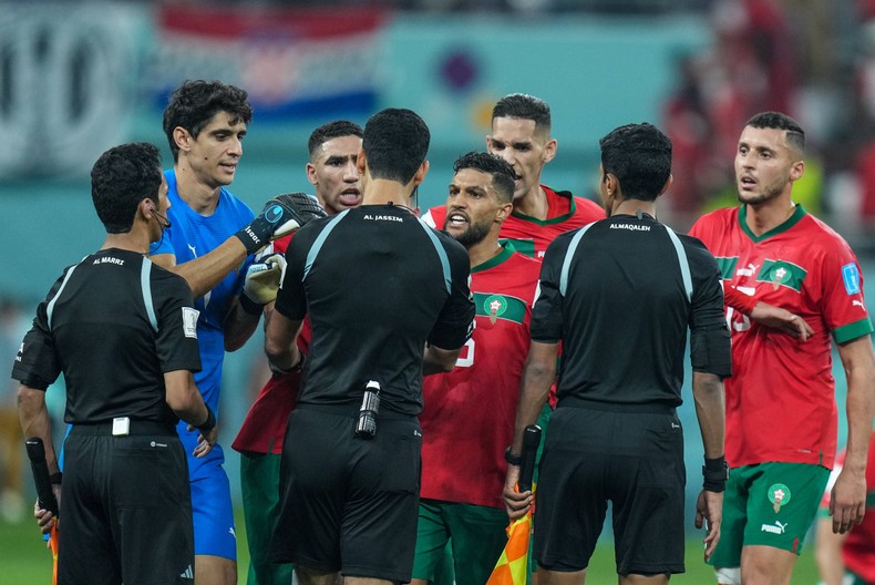 Achraf Hakimi of team Morocco argues with referee Abdulrahman Al Jassim of Qatar after the final whistle at the FIFA World Cup Qatar 2022 3rd Place match between Croatia and Morocco at Khalifa International Stadium on December 17, 2022.