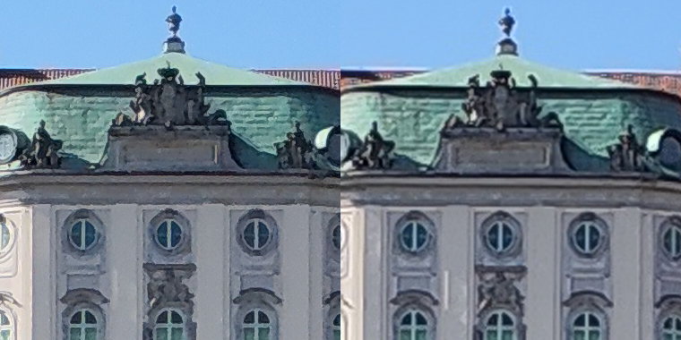 Wycinki w skali 1:1 z powyższych zdjęć - po lewej z kadru 50 MP, po prawej z interpolowanego do tej rozdzielczości standardowego zdjęcia 12 MP