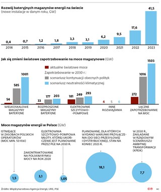 Rozwój bateryjnych magazynów energii na świecie (nowe instalacje w danym roku, GW)