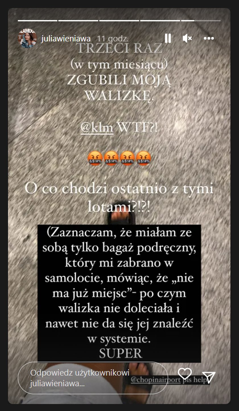 Julia Wieniawa nie kryła swojej złości, gdy znowu zgubiono jej walizkę. 