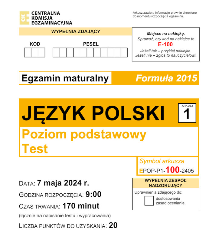 Matura 2024. Język polski - poziom podstawowy [ARKUSZE CKE i ODPOWIEDZI]