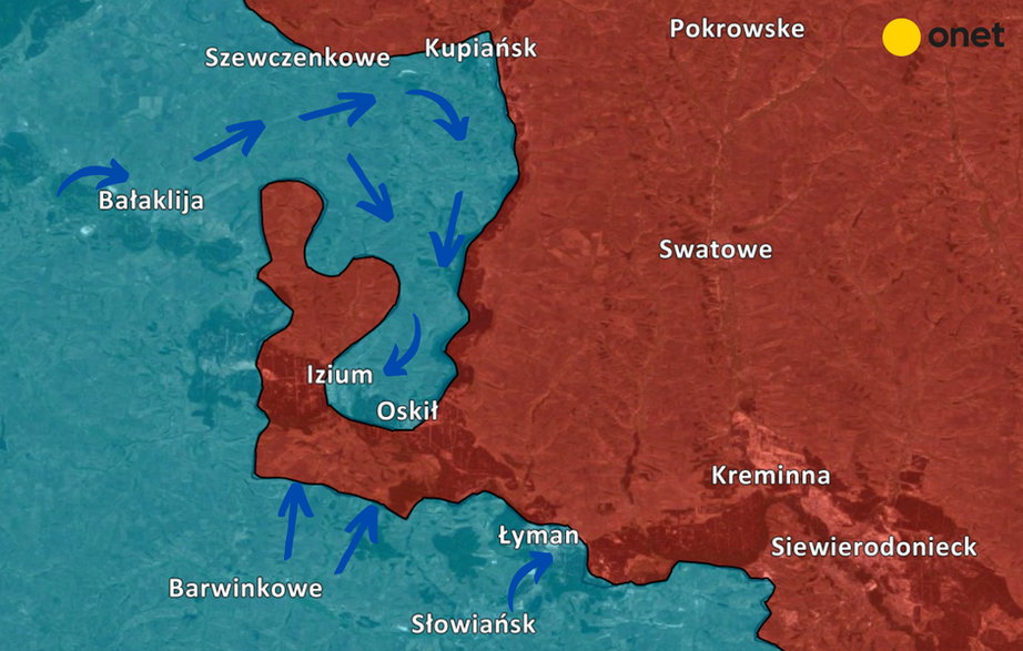 Mapa przedstawia ofensywę armii ukraińskiej na kierunku charkowskim