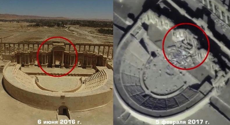 Screenshot from drone footage released on February 13, 2017 by the Russian Ministry of Defence purports to show part of a Roman amphitheatre in Palmyra on June 6, 2016 (left) and then from an aerial viewpoint on February 5, 2017, showing destruction