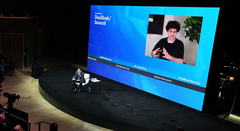 Sam Bankman-Fried at the New York Times DealBook Summit, interviewed by Aaron Ross Sorkin.Michael M. Santiago/Getty Images