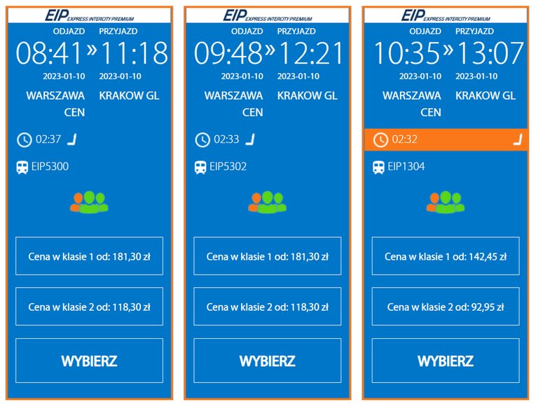 Ceny za bilety na pociąg na trasie Warszawa - Kraków 10 stycznia 