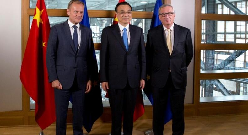 (From left) European Council President Donald Tusk, Chinese Prime Minister Li Keqiang and European Commission President Jean-Claude Juncker pose at the European Council in Brussels, on June 1, 2017