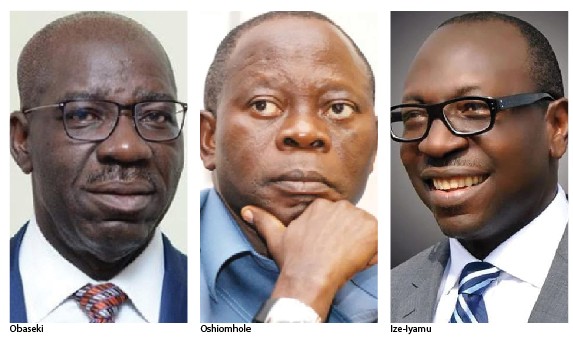 From Left: Political Actors in Edo State, Governor Godwin Obaseki, former governor of the state, Adams Oshiomhole and APC Governorship candidate, Pastor Osagie Ize-Iyamu. (Leadership)