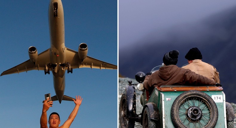 Left, a tourist from Russia takes a selfie as a plane takes off from Phuket International Airport in January 2022. Right, motoring enthusiasts drive up steep, gravely hills in Keswick, England in November 2022.REUTERS/Jorge Silva ,REUTERS/Lee Smith Ivan