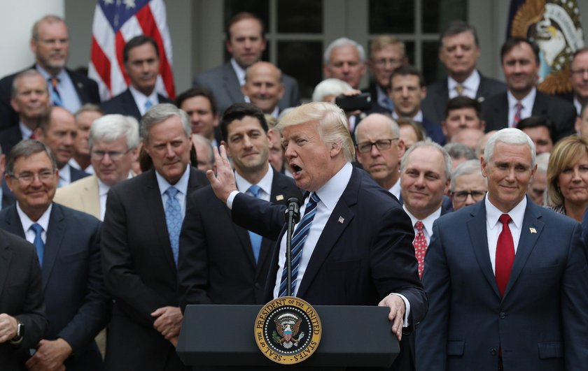 U.S. President Trump acknowledges Meadows as he gathers with Republican House members after the heal