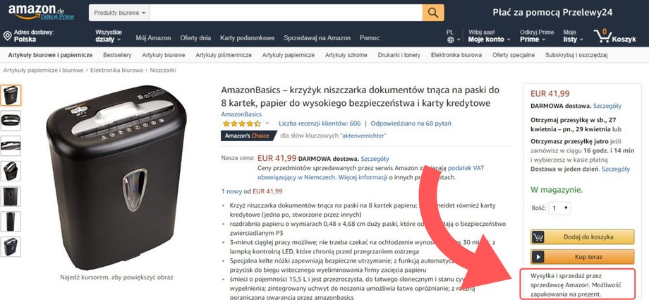 Ten produkt jest sprzedawany przez Amazon, który zajmuje się również wysyłką.