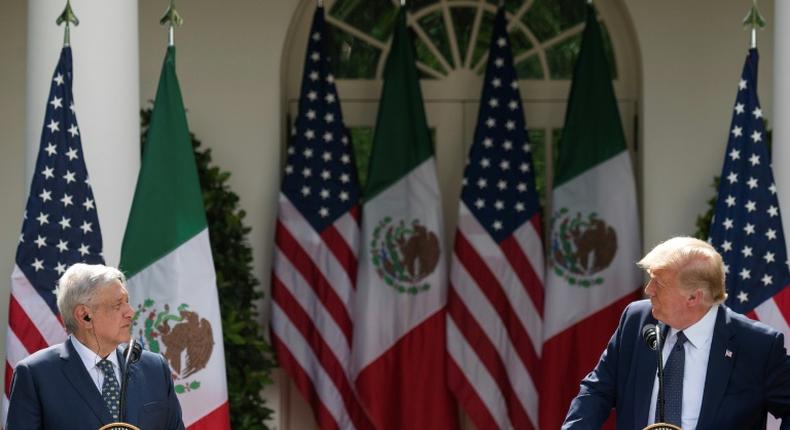 US President Donald Trump (right) and Mexican President Andres Manuel Lopez Obrador hold a joint press conference in the Rose Garden of the White House on July 8, 2020
