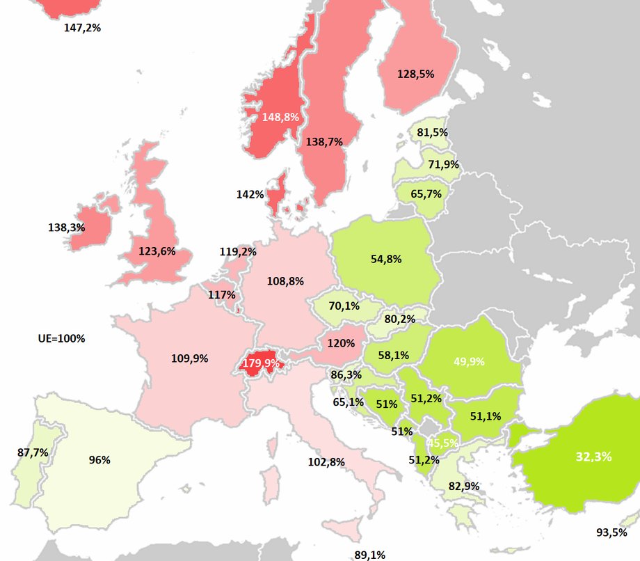 Relacje cenowe konsumpcji indywidualnej (UE=100%, źródło: Eurostat)